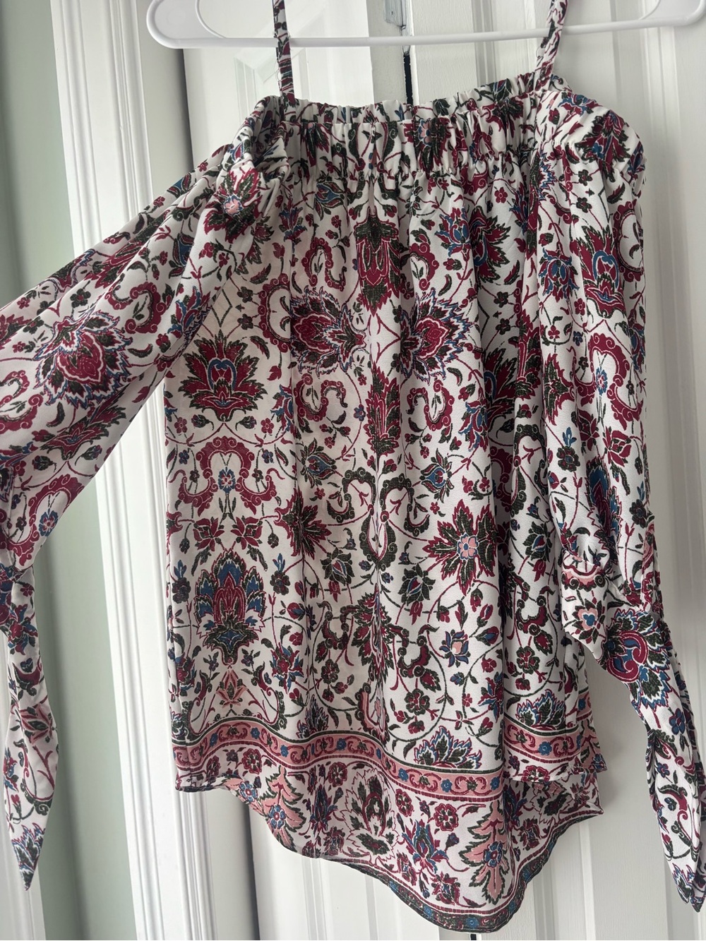 A. Byer White Off-Shoulder Tunic with Burgundy and Blue Floral Print